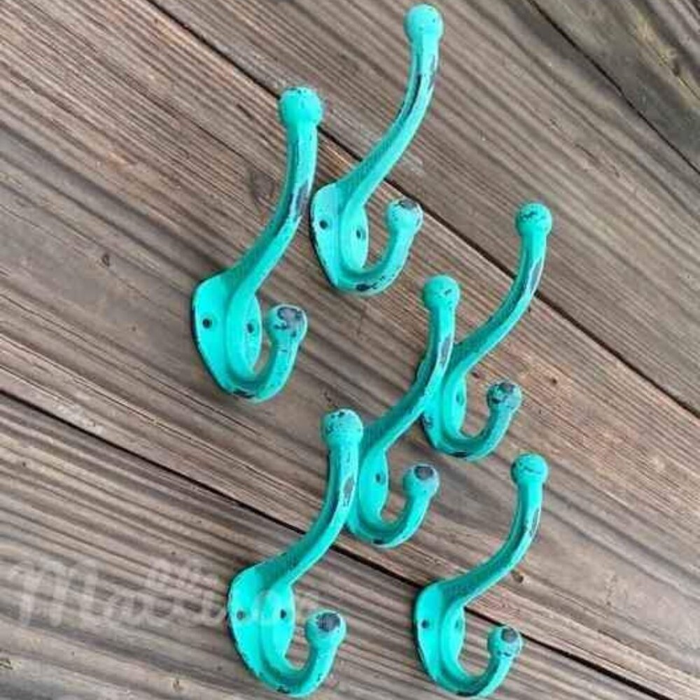 6 Teal Green Cast Iron Coat Hat Towel Hook